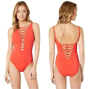 Bleu Rod Beattie Women's Twister Lace Down One-Piece Swimsuit in Orange Size 6